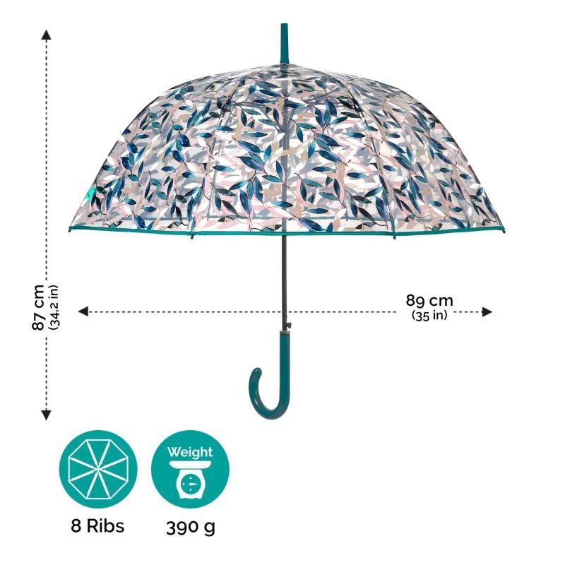 PERLETTI Dámsky priehľadný dáždnik s motívom zelených listov Perletti, 61cm, 26388