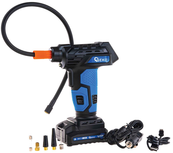 Akumulátorový kompresor 0,2-10,3 Bar, 12V, 1,5Ah batéria, 23l/min, LCD display, GEKO 13