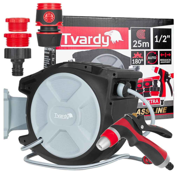 Navíjací bubon s držiakom na stenu so záhradnou 1/2" hadicou 25 m, TVARDY