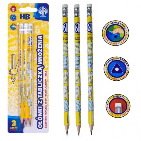 ASTRA, 3ks Obyčajná HB ceruzka s gumou a násobilkou, blister, 206121002