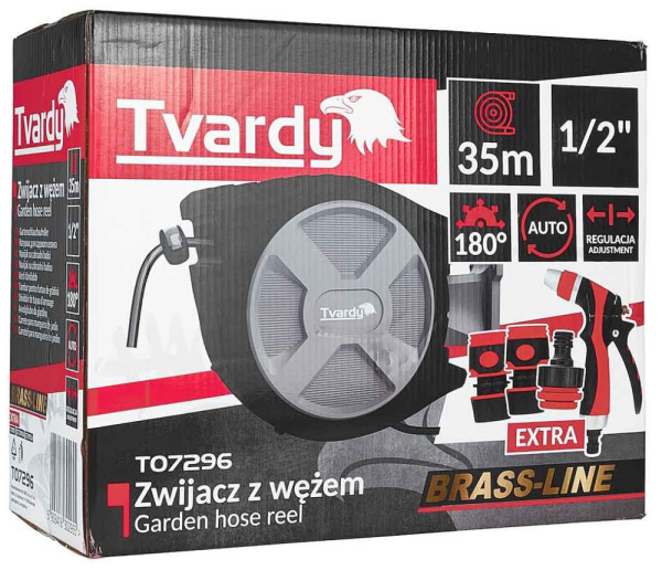 Navíjací bubon s držiakom na stenu so záhradnou 1/2" hadicou 35 m, TVARDY 16