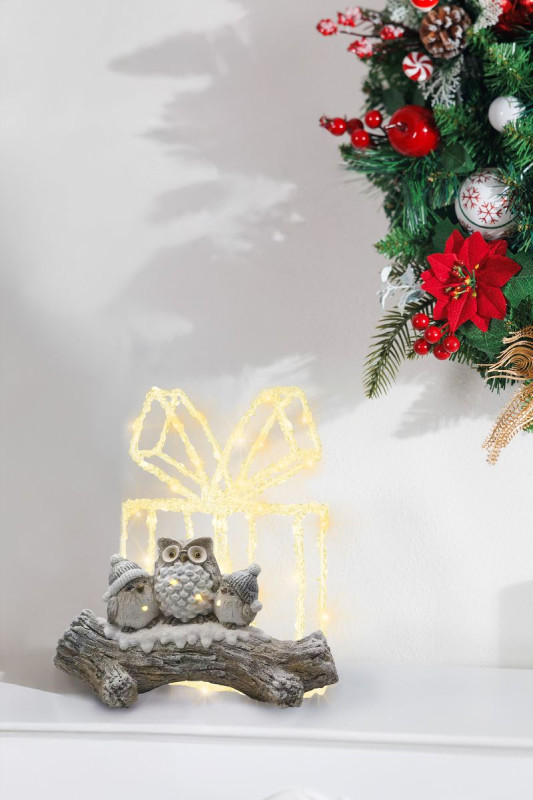 Dekorácia MagicHome Vianoce, sovy na zasneženom kmeni, LED, 20.5x49.5x27.5 cm 1