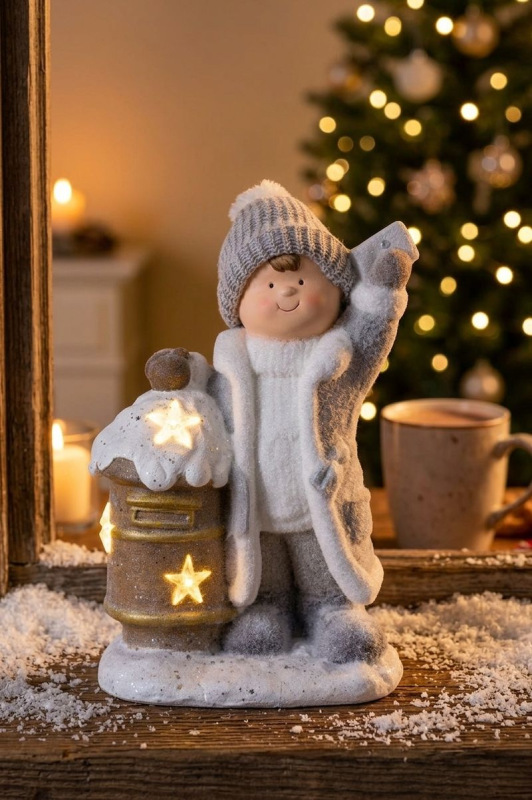 Dekorácia MagicHome Vianoce, Chlapček so schránkou, 1 LED, 3xAA, keramika, 33x23x45 cm 1