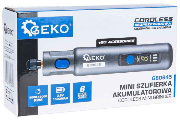 Mini akumulátorová priama brúska s reguláciou otáčok 3,6V + príslušenstvo, GEKO 10