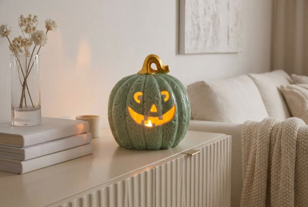 Dekorácia MagicHome Nature, tekvica LED, porcelánová, mentolová, 10,2x12,8x13,8 cm 2