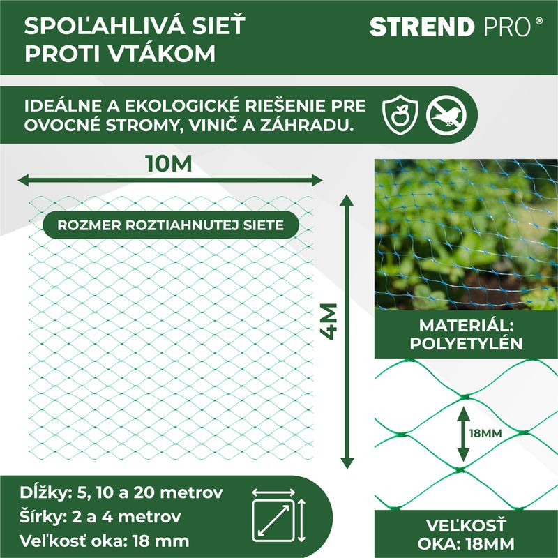 Sieť Strend Pro, 4x10 m, oko 18 mm, proti vtákom, PE 7