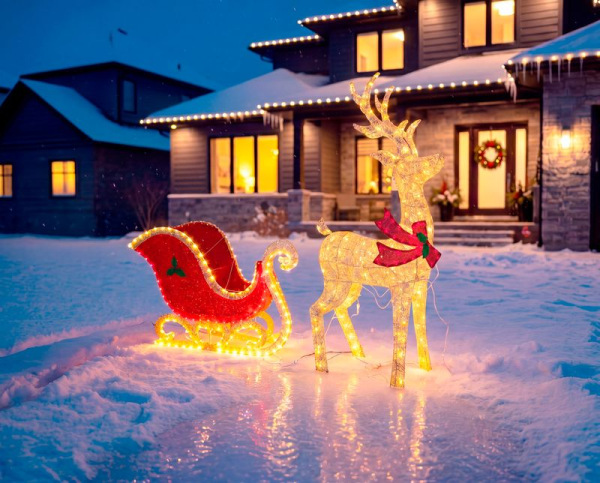 Dekorácia MagicHome Vianoce, Jeleň so saňami, 448xLED teplá biela, IP44, 155/75 cm 1