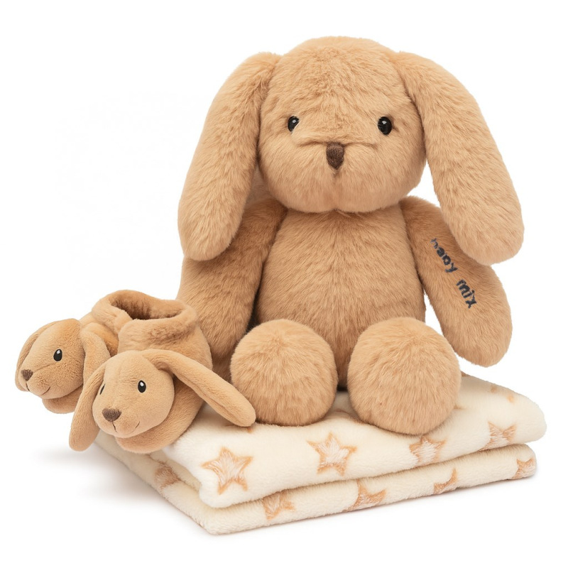 Darčeková súprava Baby Mix – hnedý zajačik s papučkami a dečkou 0- 12 m