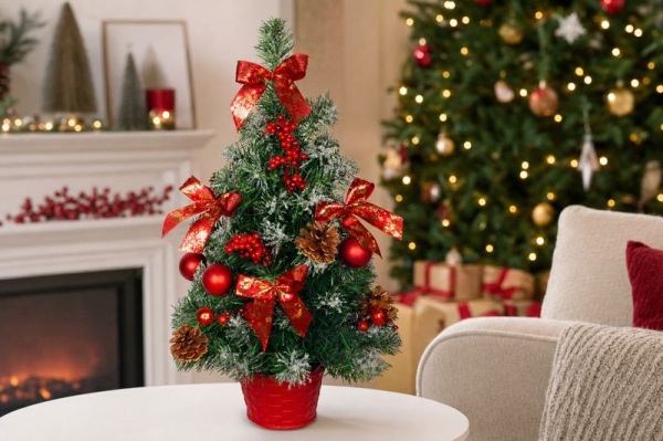 Stromček MagicHome Vianoce, ozdobený, zasnežený, červený, 50 cm 1