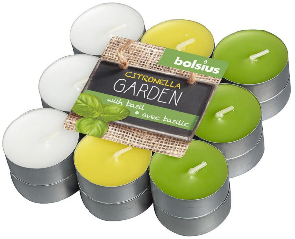 Sviečky Bolsius Tealight Citronella, repelentná, mix farieb, čajové, bazalka, bal. 18 ks