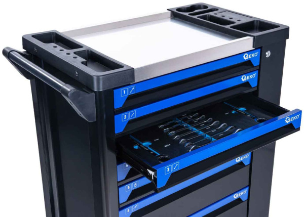 Dielenský vozík na náradie so 7 zásuvkami, náradie- 258 dielov, 850x450x950 mm, GEKO 9