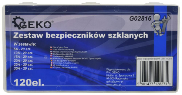 Sada sklenených poistiek, 5,10,15,20,25,30 A, 120-dielna, GEKO 2