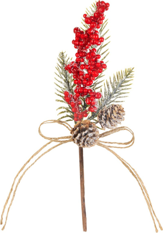 Vetvička MagicHome Vianoce, s bobuľkami, červená, 23 cm