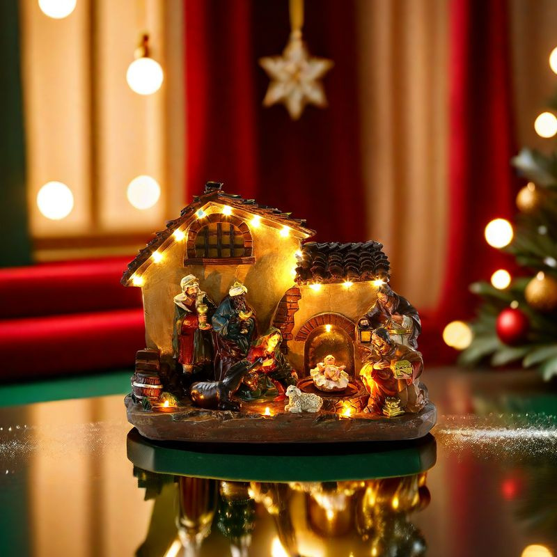 Dekorácia MagicHome Vianoce, domček, polyresin, 16xLED teplá biela, 29x14x24 cm, 3xAA 1