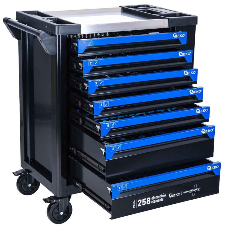 Dielenský vozík na náradie so 7 zásuvkami, náradie- 258 dielov, 850x450x950 mm, GEKO 14