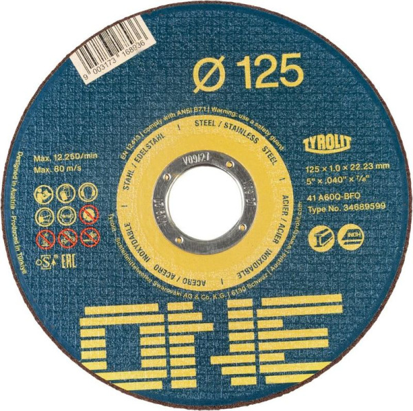 Kotúč Tyrolit ONE 125x1,0mm, 41, A60Q-BFO, oceľ/nerez, vedro bal. 100ks
