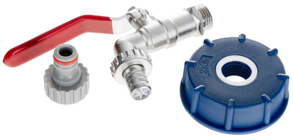 Ventil kovový pre IBC kontajner 1000 l, závit 3/4", výstup na 1/2" hadicu, GEKO 2