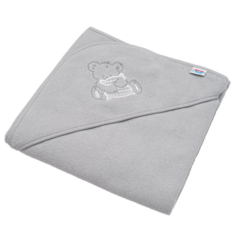 Detská froté osuška s výšivkou a kapuckou New Baby 80x80 sivá medveď