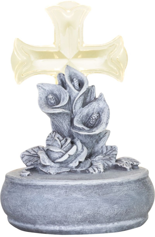 Dekorácia MagicHome, Kríž s kvetmi, LED, polyresin, na hrob, solar, 12x12x17 cm
