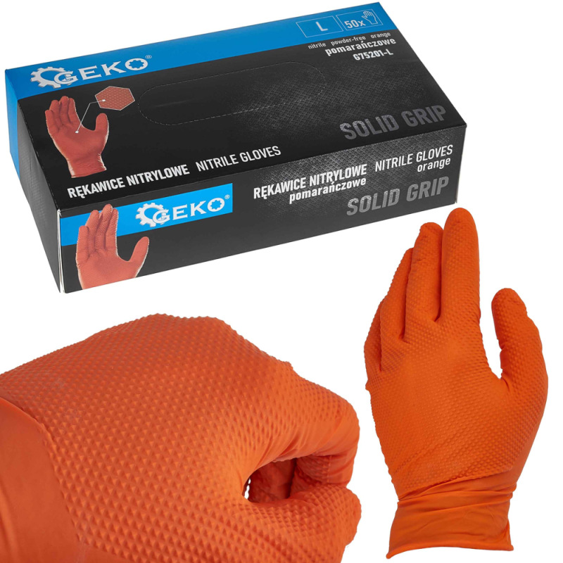 Rukavice nitrilové oranžové, sada 50ks, veľkosť L, SOLID GRIP, GEKO