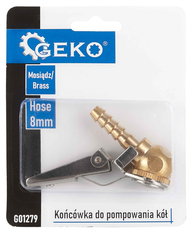 Mosadzná koncovka k hadičke s priemerom 8 mm na plnenie pneumatík so západkou, GEKO 2