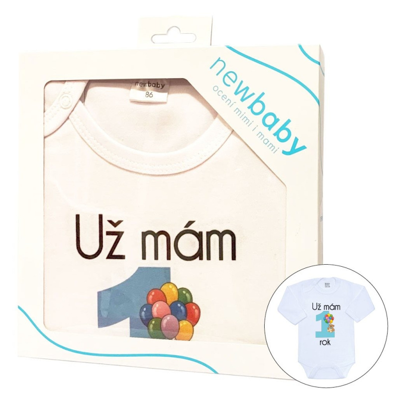 Body s potlačou New Baby Už mám 1 rok modré - darčekové balenie 86 (12-18m)