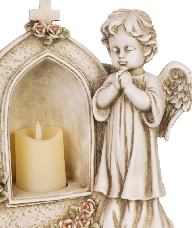 Dekorácia MagicHome, Anjel modliaci sa pri sviečke, LED, polyresin, na hrob, 19,5x11,5x26 cm 2