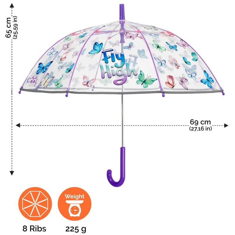 PERLETTI Cool Kids Transparent, Detský reflexný dáždnik s motýlikmi, 15634