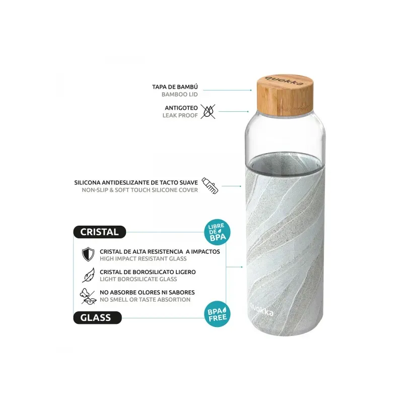 QUOKKA FLOW Sklenená fľaša so silikónovým povrchom WHITE STONE, 660ml, 40002