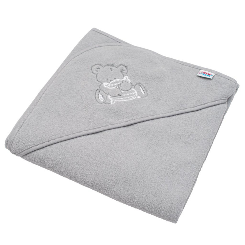 Detská froté osuška s výšivkou a kapuckou New Baby 80x80 sivá medveď