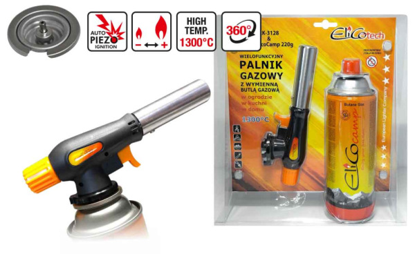 Spájkovacia lampa s piezo zapaľovačom a kartušou 220g, otočný uzáver, ELICO 6