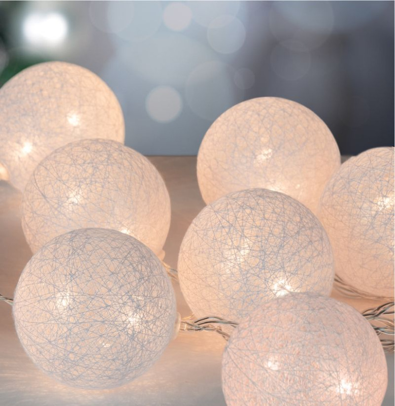 Reťaz MagicHome Cotton Balls White, 10 LED teplá biela, PE/bavlna, 2xAA, jednoduché svietenie, osvet