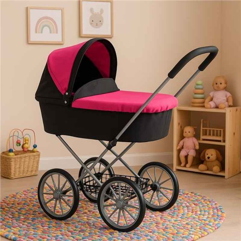 Retro kočík pre bábiky PlayTo Betty sivo-ružový 2