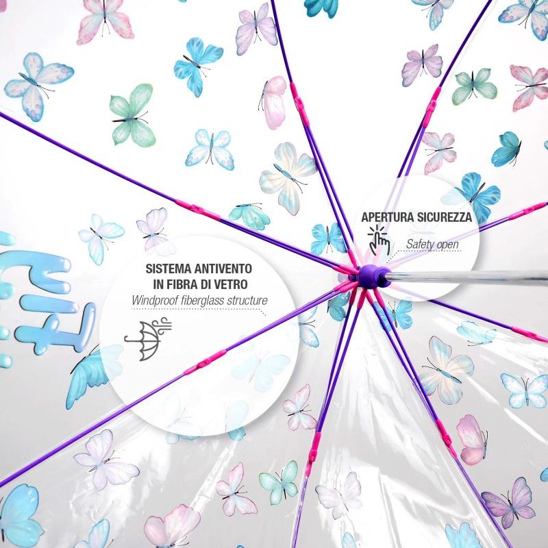 PERLETTI Cool Kids Transparent, Detský reflexný dáždnik s motýlikmi, 15634