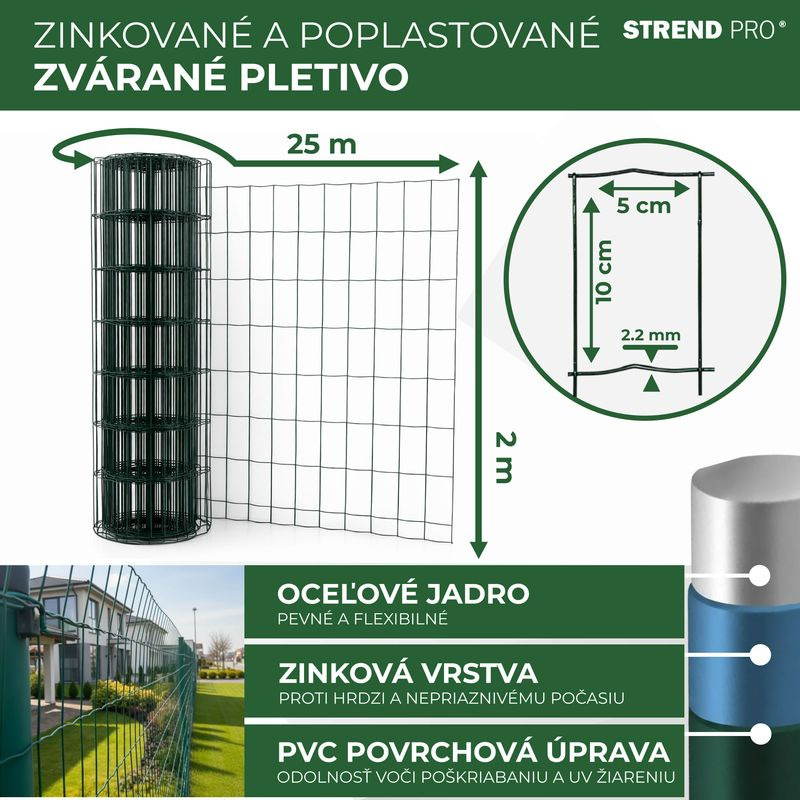 Pletivo EUROPLAST 1, 2000/100x50/2,20 mm, zelené, RAL 6005, Zn+PVC, ohradové, bal. 25 m 2