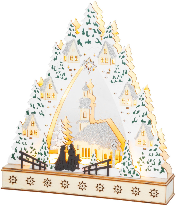 Dekorácia MagicHome Vianoce, Dedinka s kostolom, LED, MDF, 30x7x33,5 cm
