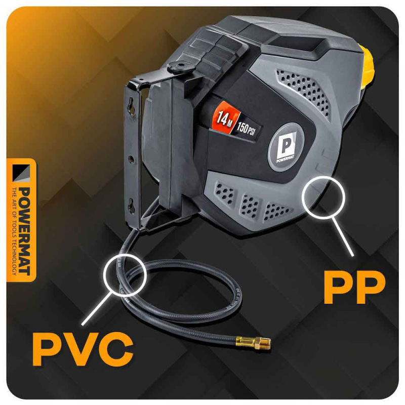 Samonavíjací závesný bubon s hadicou na vzduch, 6,5 x 10 mm, dĺžka 14 m, POWERMAT 9