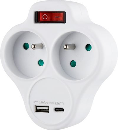 Zásuvka Strend Pro, rozbočovacia, rozdvojka, biela, 2x 16 A, USB A+C, vypínač 1