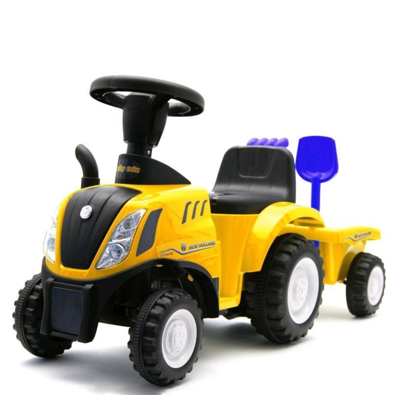 Detské odrážadlo traktor s vlečkou a náradim Baby Mix New Holland žltý