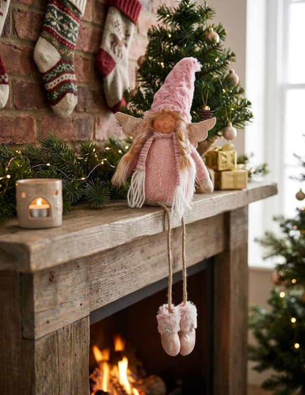 Postavička MagicHome Vianoce, Anjelik s blond vrkočmi, látkový, ružovo-hnedý, 17,50x10x52 cm 1