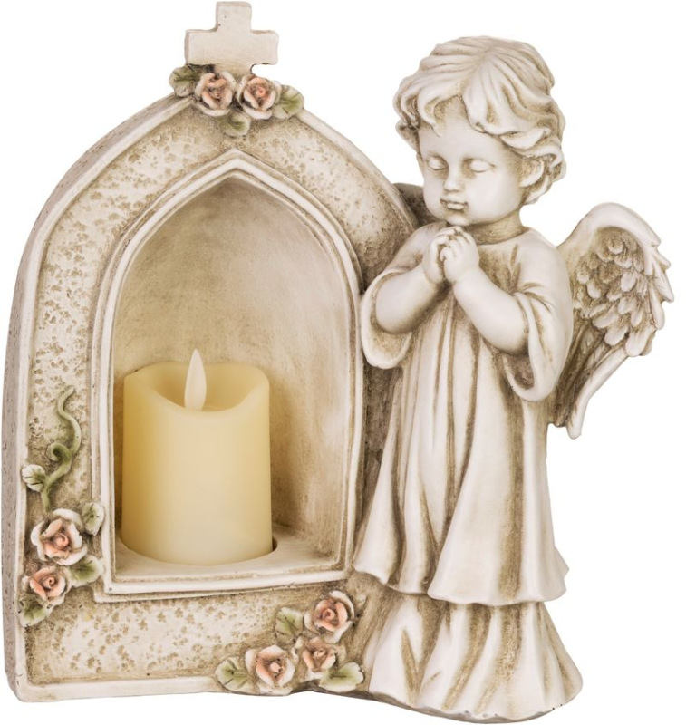 Dekorácia MagicHome, Anjel modliaci sa pri sviečke, LED, polyresin, na hrob, 19,5x11,5x26 cm 1