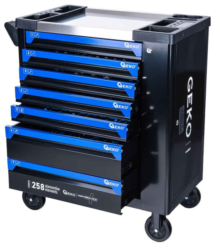 Dielenský vozík na náradie so 7 zásuvkami, náradie- 258 dielov, 850x450x950 mm, GEKO