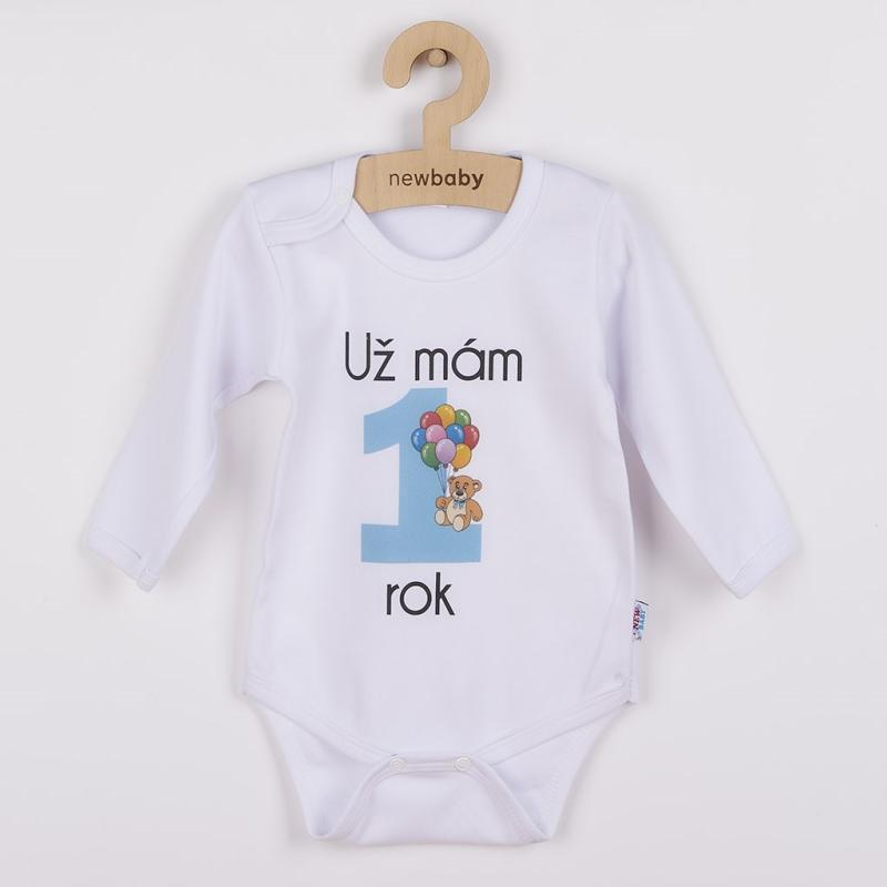 Body s potlačou New Baby Už mám 1 rok modré - darčekové balenie 80 (9-12m)