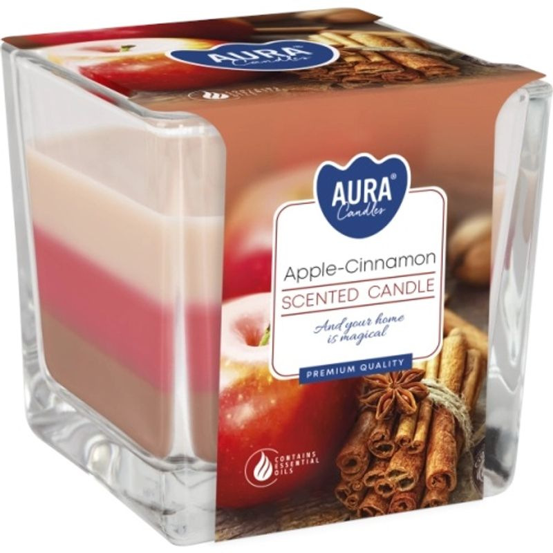Sviečka AURA, v skle, trojfarebná, Jablko-škorica, 32h, 170g