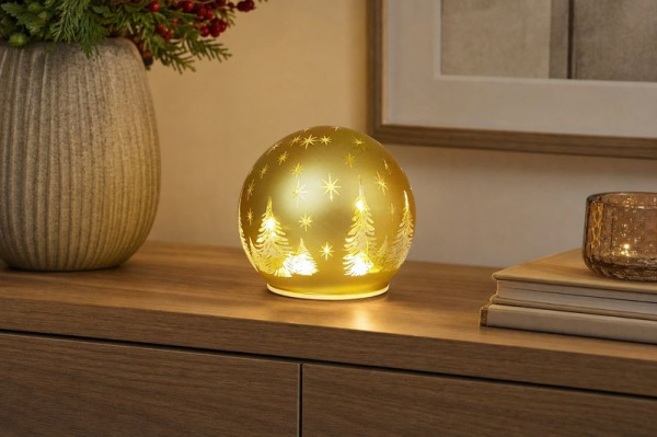 Guľa MagicHome Vianoce, sklo, zlatá, 10xLED teplá biela, 12x11 cm, 3xAA 1