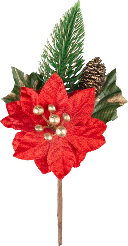 Vetvička MagicHome Vianoce, s kvetom poinsettia, červená, 18 cm