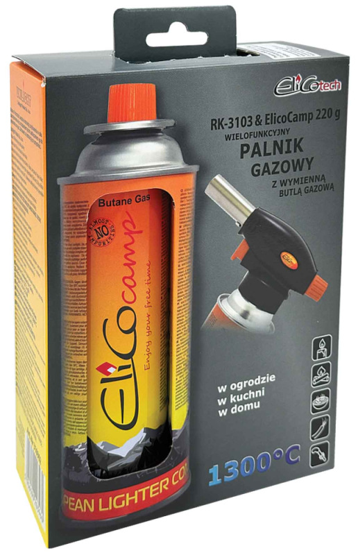 Spájkovacia lampa s piezo zapaľovačom a kartušou 220g, otočný uzáver, ELICO 3