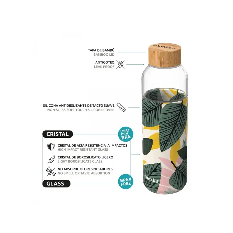 QUOKKA FLOW Sklenená fľaša so silikónovým povrchom AUTUMN LEAVES, 660ml, 40001