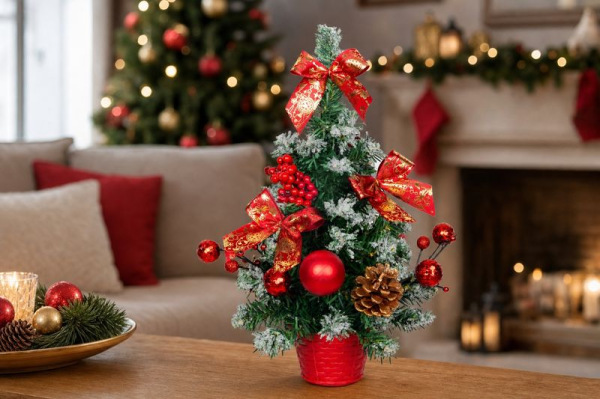 Stromček MagicHome Vianoce, ozdobený, zasnežený, červený, 30 cm 1