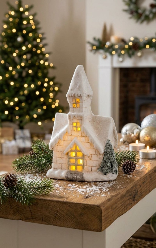 Dekorácia MagicHome Vianoce, Kostol, 3 LED žltá, keramika, 3xAAA, interiér, 17x11x27 cm 1